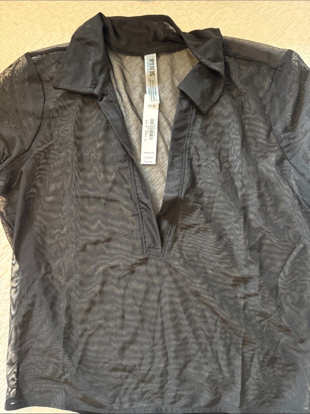 PINK Victoria's Secret Black Sheer Short-Sleeve V-Neck Top M NWT